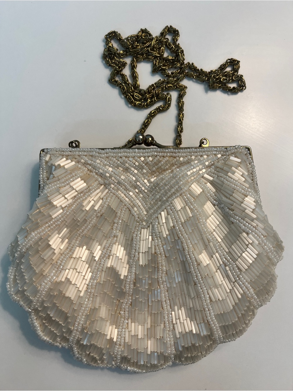 Vintage Beaded Shell-Shape Evening Clutch in Ivory with Brass Chain